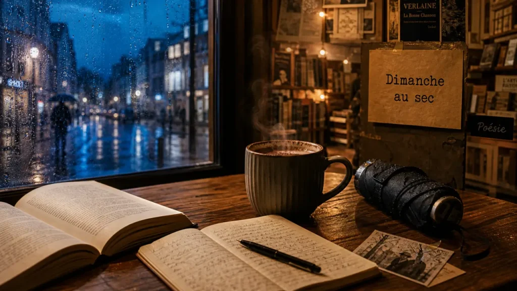 Dimanche pluvieux : livre, chocolat chaud et parapluie au chaud
