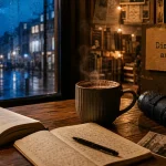 Dimanche pluvieux : livre, chocolat chaud et parapluie au chaud