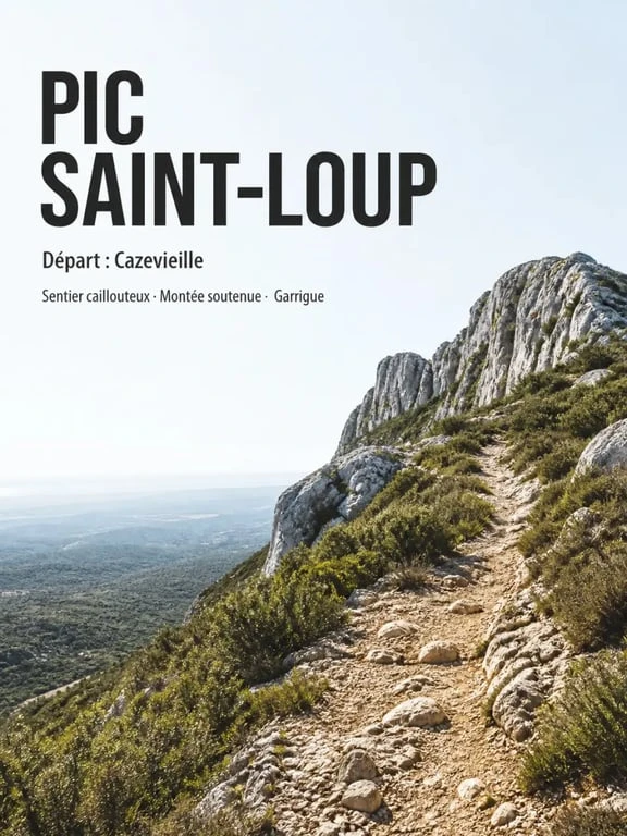 Randonnée pic saint loup : sentier caillouteux en garrigue vers le sommet du Pic Saint-Loup
