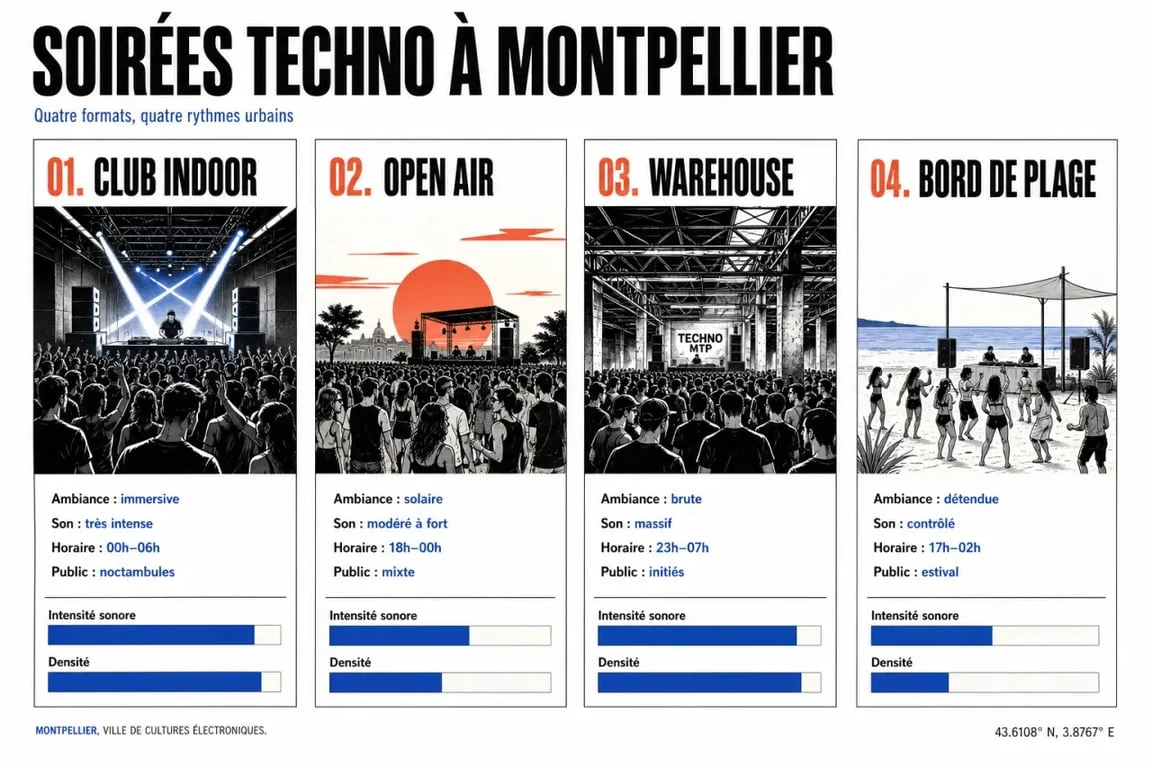 Soirée techno montpellier : comparaison visuelle entre club, open air, warehouse et bord de plage