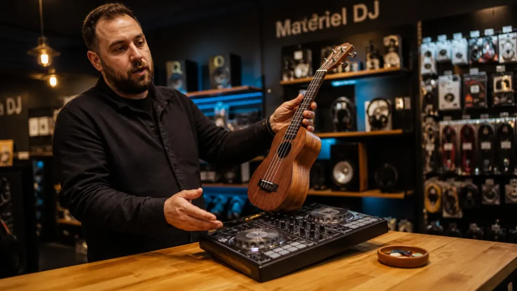 Magasin de musique à Montpellier : vendeur montre un ukulélé et un contrôleur DJ