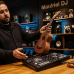 Magasin de musique à Montpellier : vendeur montre un ukulélé et un contrôleur DJ