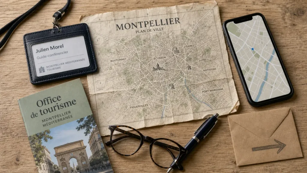 Office du tourisme Montpellier : badge et plan de visite