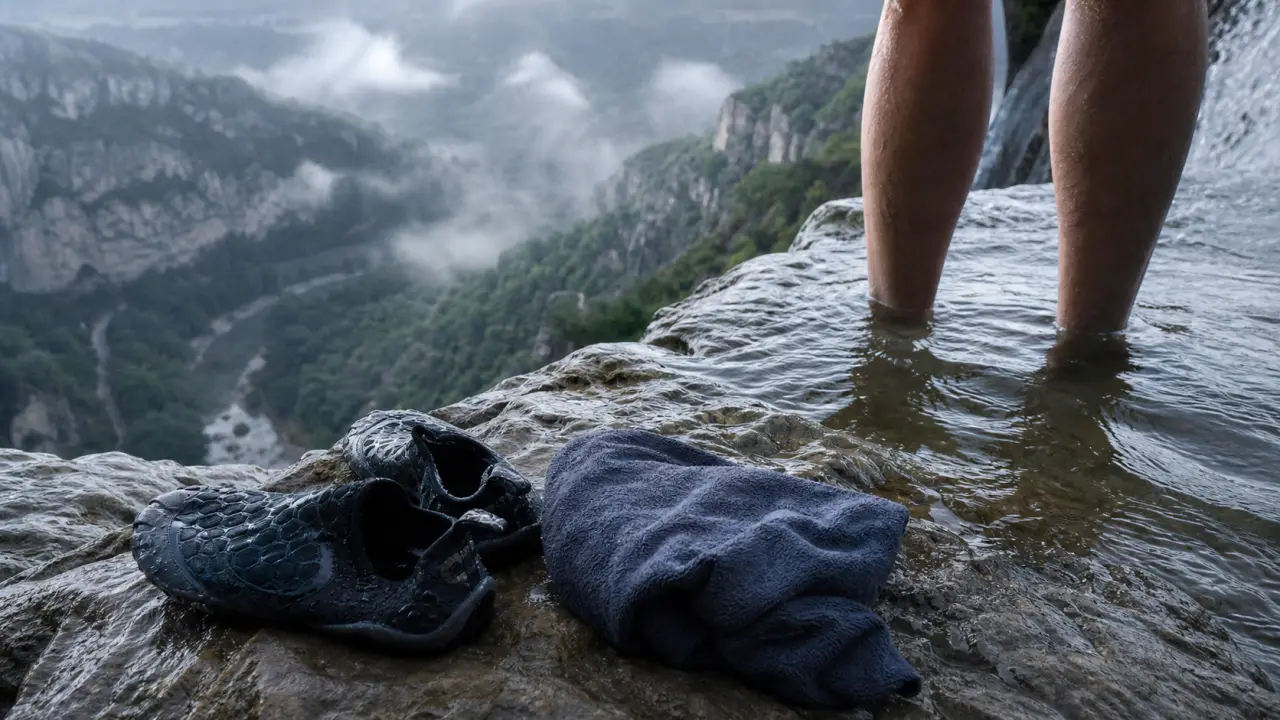 Piscine naturelle pour baignade sous la cascade du cirque de Navacelles, eau froide.