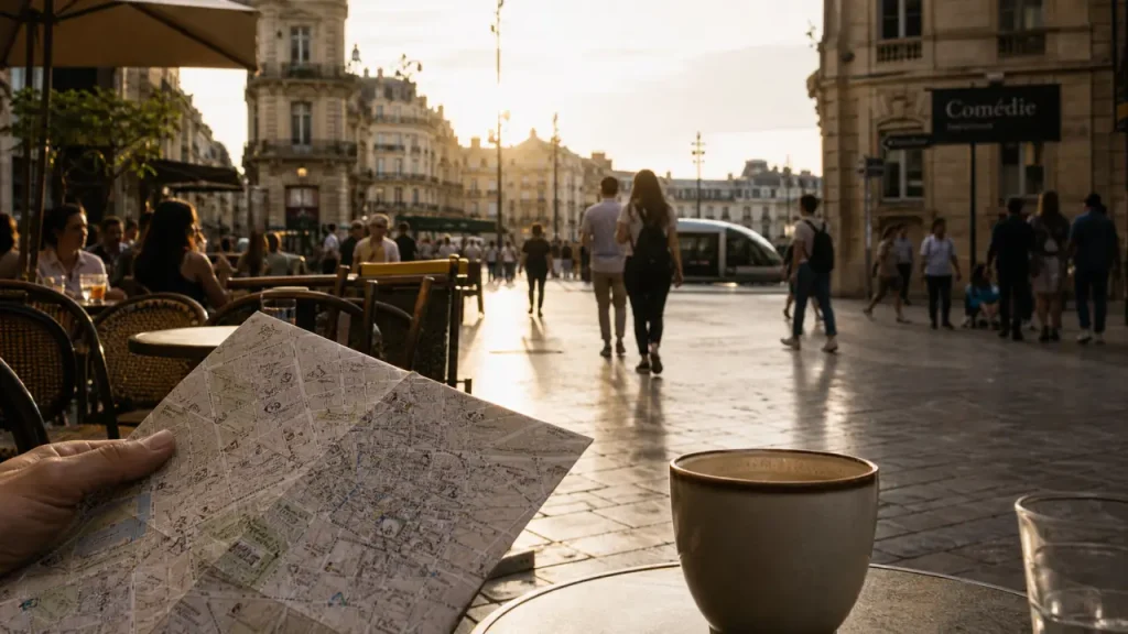 Que faire Montpellier : café et rue piétonne Écusson, Place de la Comédie au soir