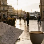 Que faire Montpellier : café et rue piétonne Écusson, Place de la Comédie au soir