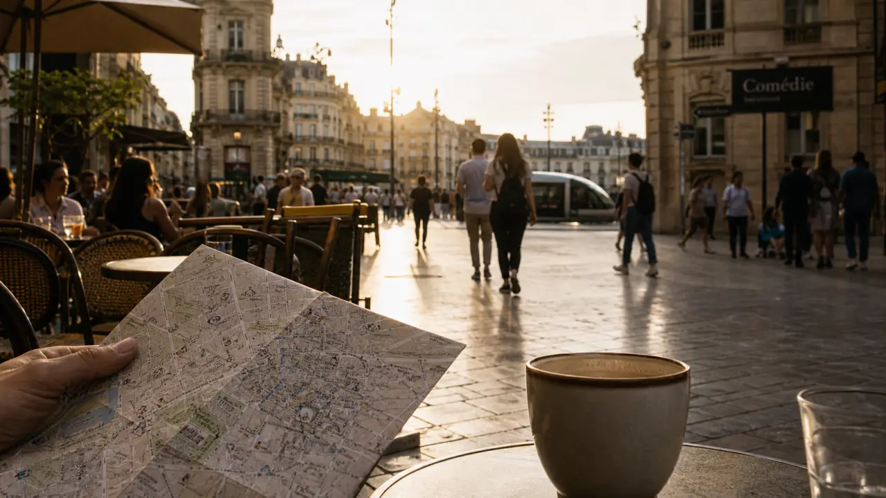 Que faire Montpellier : café et rue piétonne Écusson, Place de la Comédie au soir