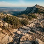 Randonnee pic saint loup sur sentier caillouteux vers la crête