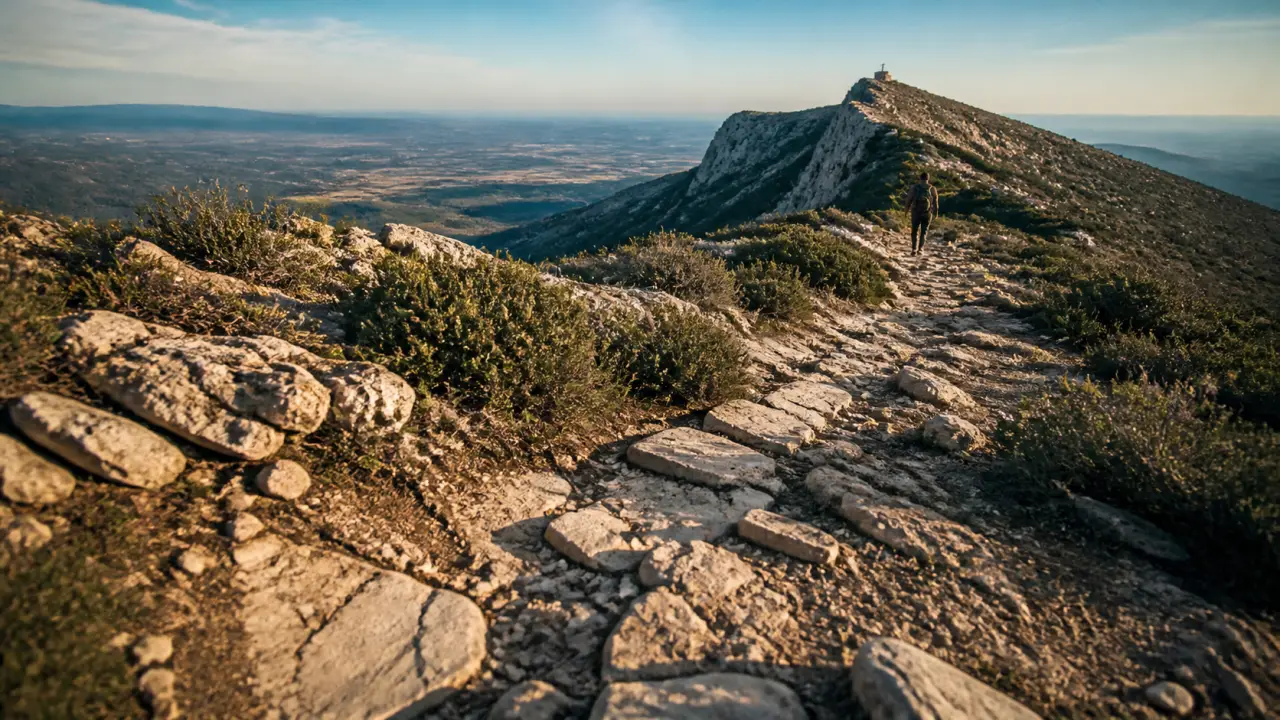 Randonnee pic saint loup sur sentier caillouteux vers la crête