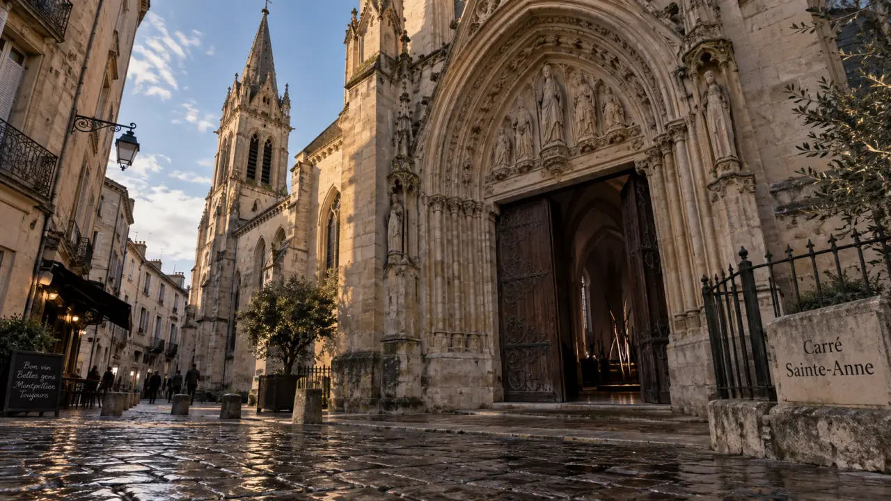 Église saint anne montpellier, façade néogothique et clocher, vue rue Écusson