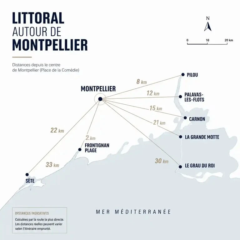 Carte des distances entre Montpellier et les plages environnantes