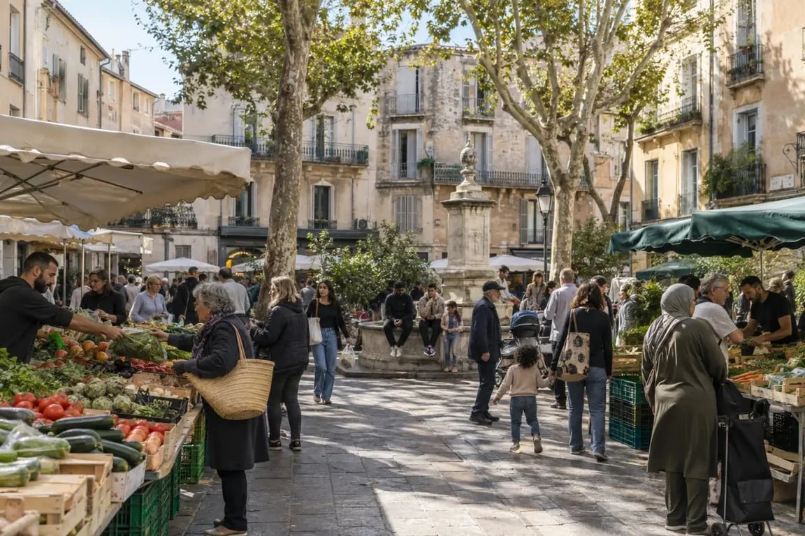 Place Roger Salengro au cœur de Montpellier Figuerolles avec son marché de quartier