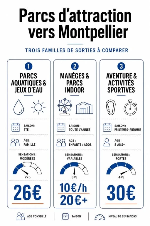 Infographie parc attraction vers Montpellier comparant les parcs aquatiques, les manèges indoor et les activités d’aventure