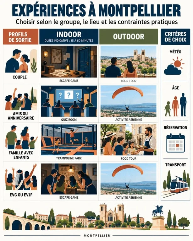 Infographie des expériences à Montpellier selon le groupe, la météo et le type d’activité