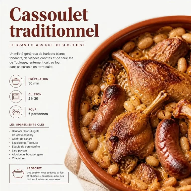 Cassoulet traditionnel occitan servi dans une cassole en terre cuite.