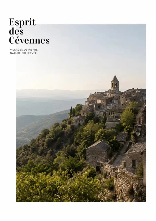 Les plus beaux villages des Cévennes vus au-dessus d’une vallée, maisons de pierre et reliefs cévenols