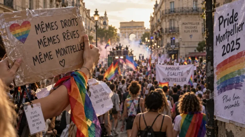 Gay pride montpellier 2025, pancarte et drapeau arc-en-ciel dans le cortège