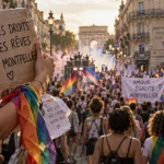 Gay pride montpellier 2025, pancarte et drapeau arc-en-ciel dans le cortège