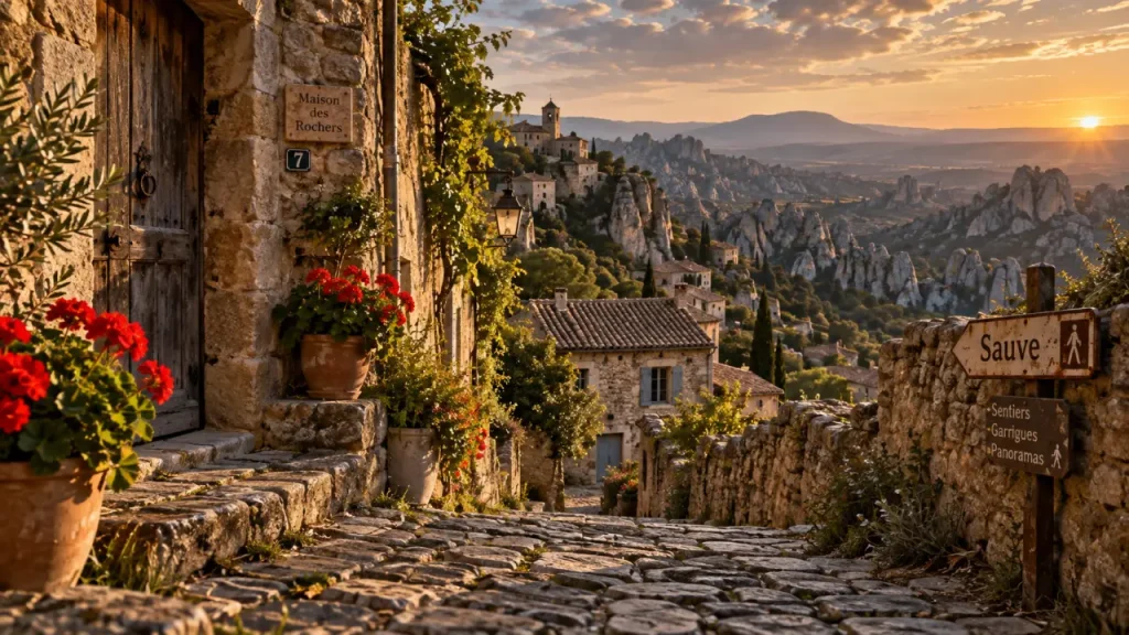 Les plus beaux villages des cevennes, ruelle pavée de schiste et village perché