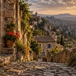 Les plus beaux villages des cevennes, ruelle pavée de schiste et village perché
