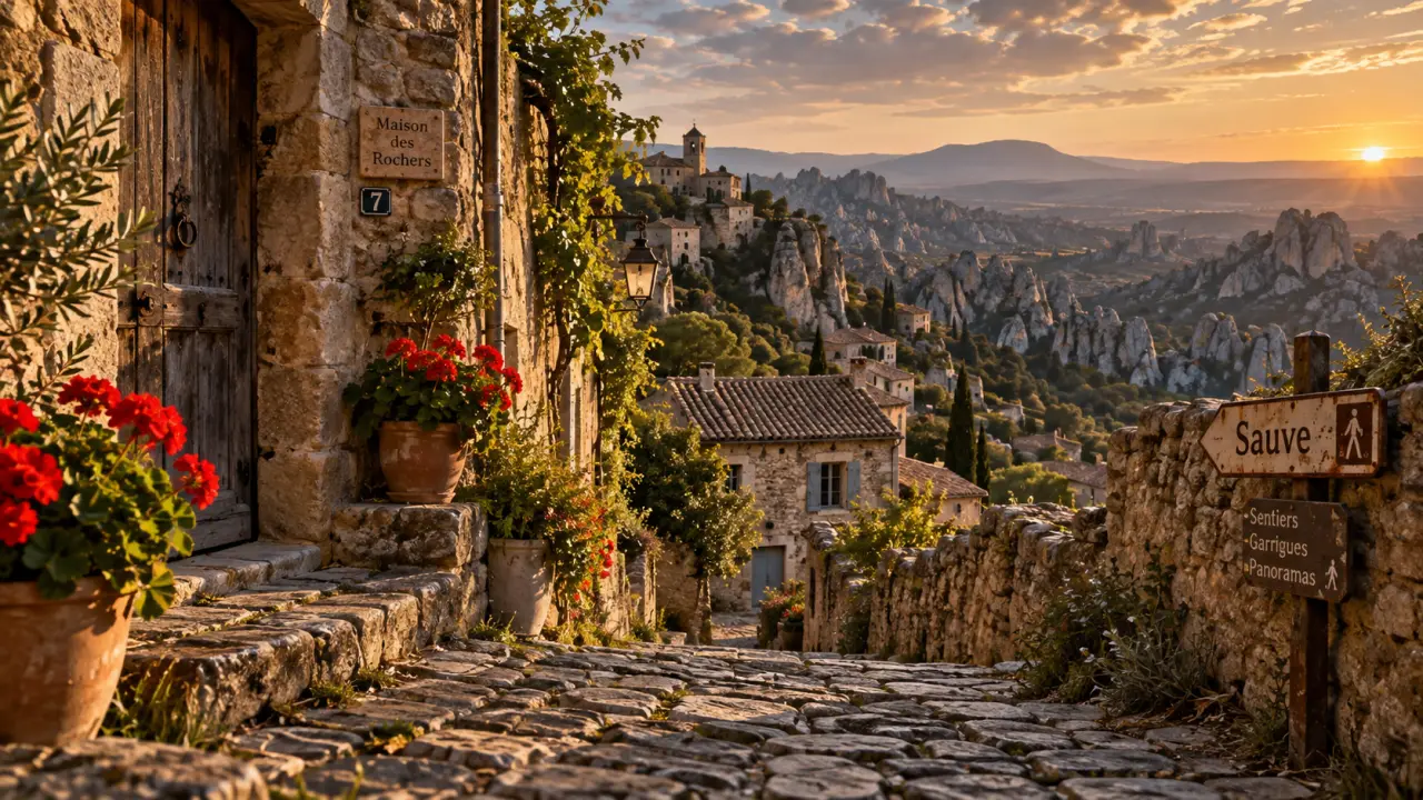 Les plus beaux villages des cevennes, ruelle pavée de schiste et village perché