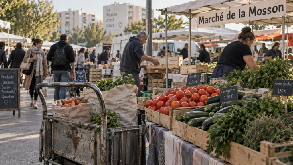 Marché de la Mosson : étal de légumes et ambiance matinale