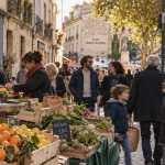 Marché de quartier à Montpellier Figuerolles, passants et étals