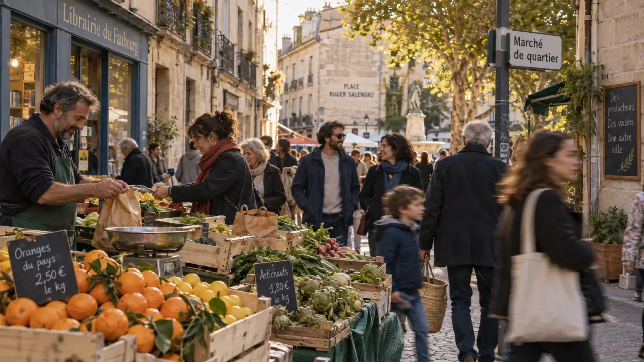Marché de quartier à Montpellier Figuerolles, passants et étals