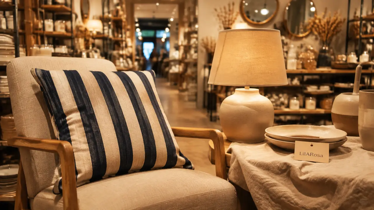 Montpellier magasin deco : coussin, lin et lampe dans une boutique design