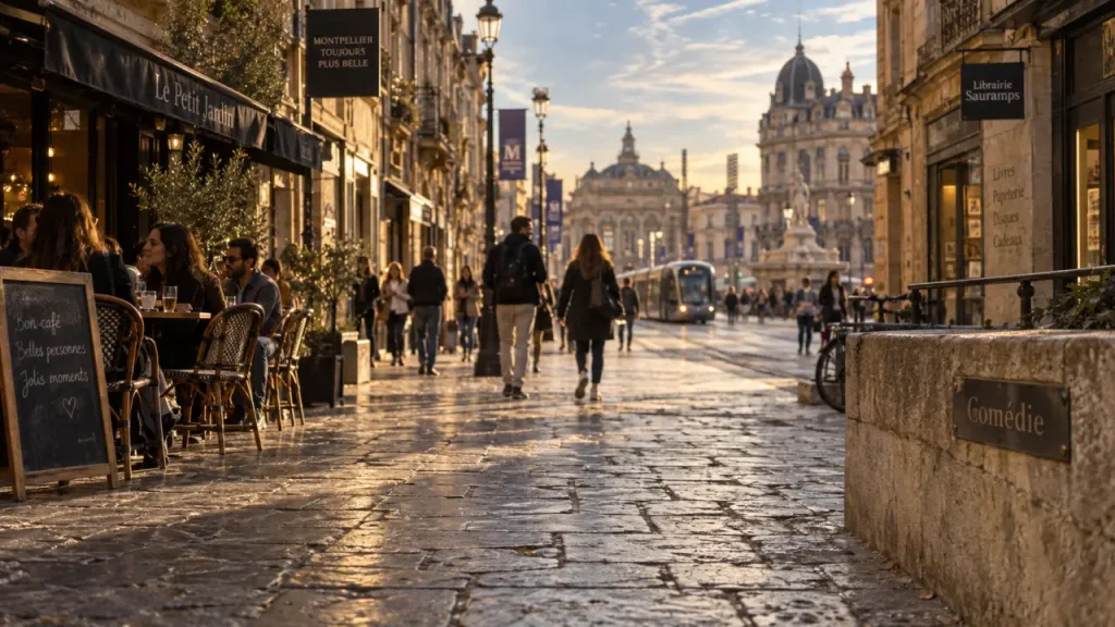Quartier de l'ecusson montpellier : rue piétonne vers la place de la Comédie