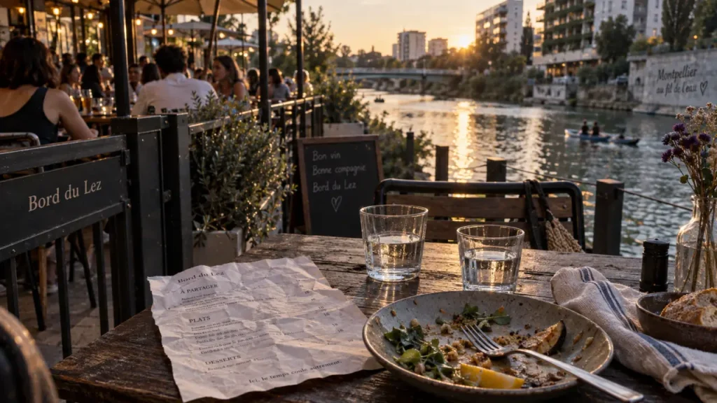 restaurant au bord du lez montpellier sur les berges du Lez, table et menu au coucher du soleil