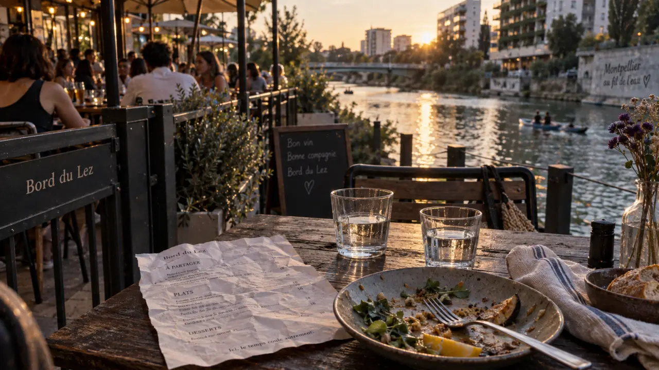restaurant au bord du lez montpellier sur les berges du Lez, table et menu au coucher du soleil