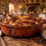 Restaurant occitanie : cassoulet fumant sur table en terre cuite, ambiance ferme-auberge