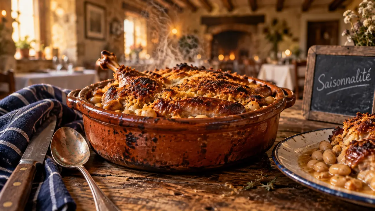 Restaurant occitanie : cassoulet fumant sur table en terre cuite, ambiance ferme-auberge