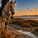 Balade à cheval Montpellier plage : cavalier sur chemin sablonneux près des dunes