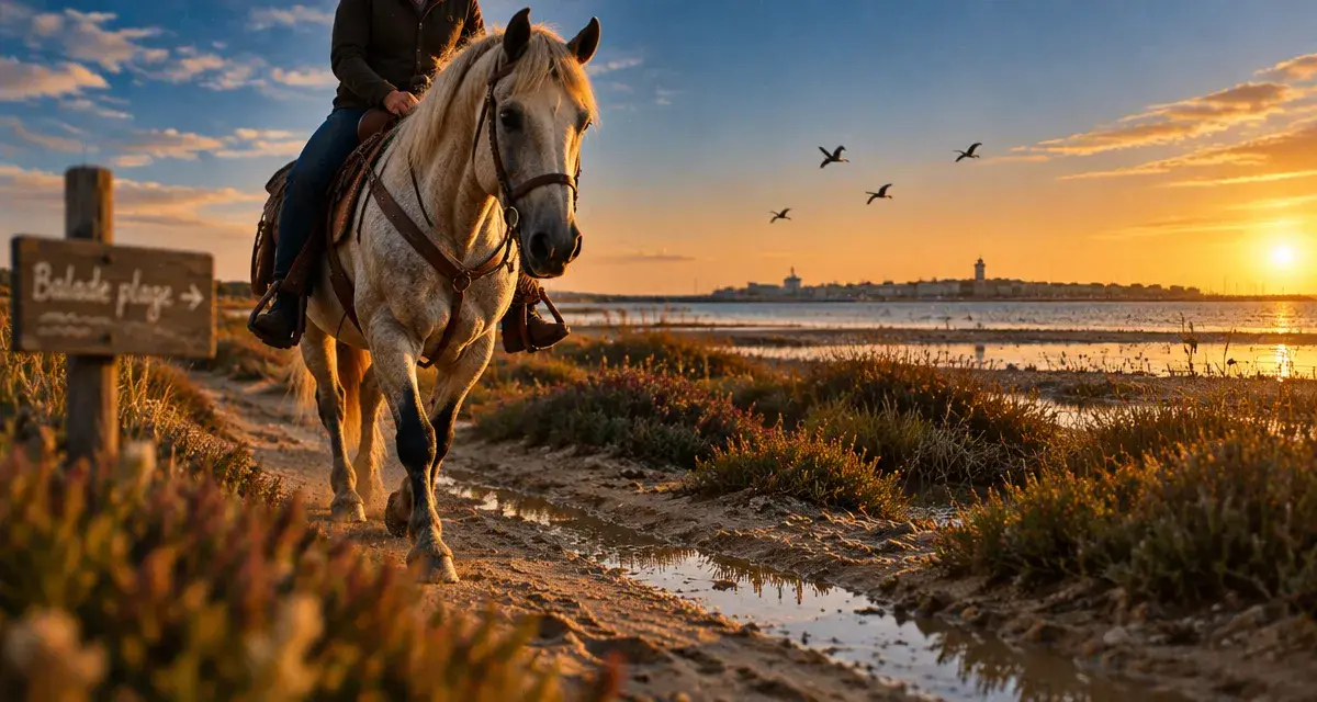 Balade à cheval Montpellier plage : cavalier sur chemin sablonneux près des dunes