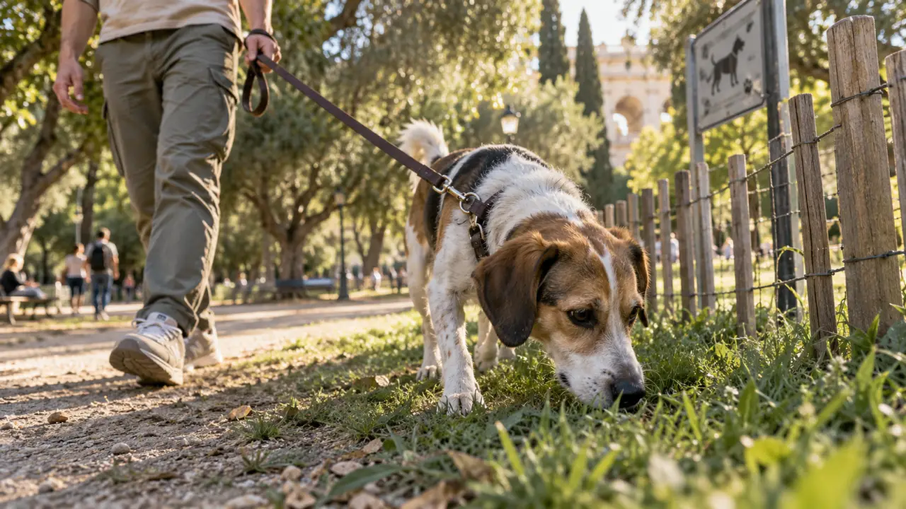 Balade chien Montpellier : chien renifle dans un caniparc