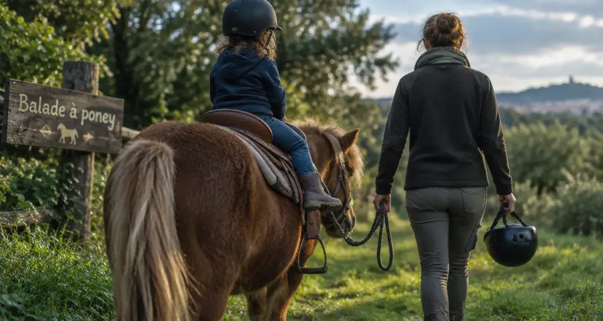 Balade poney Montpellier : enfant assis sur un poney calme