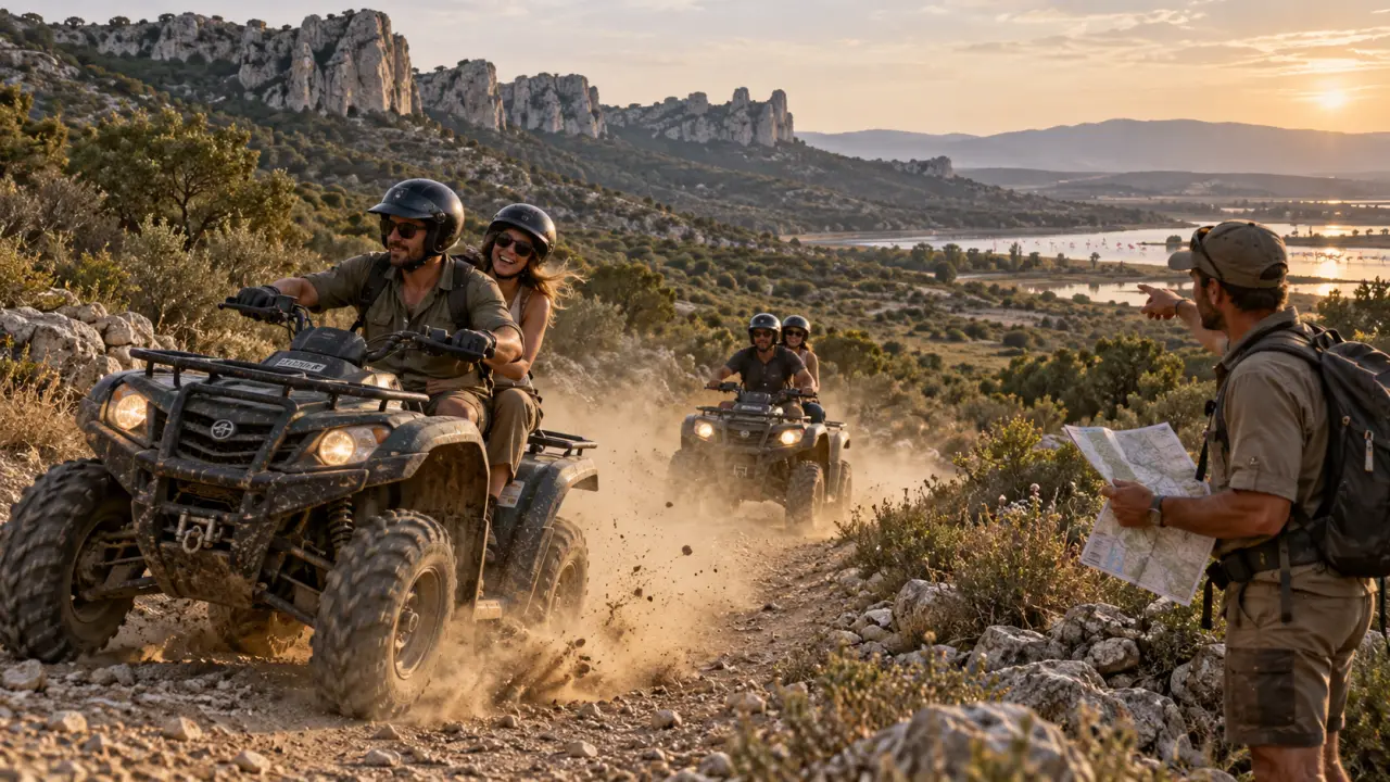 Balade quad Montpellier en garrigue, Salagou ou Camargue : deux quads sur piste en terre.