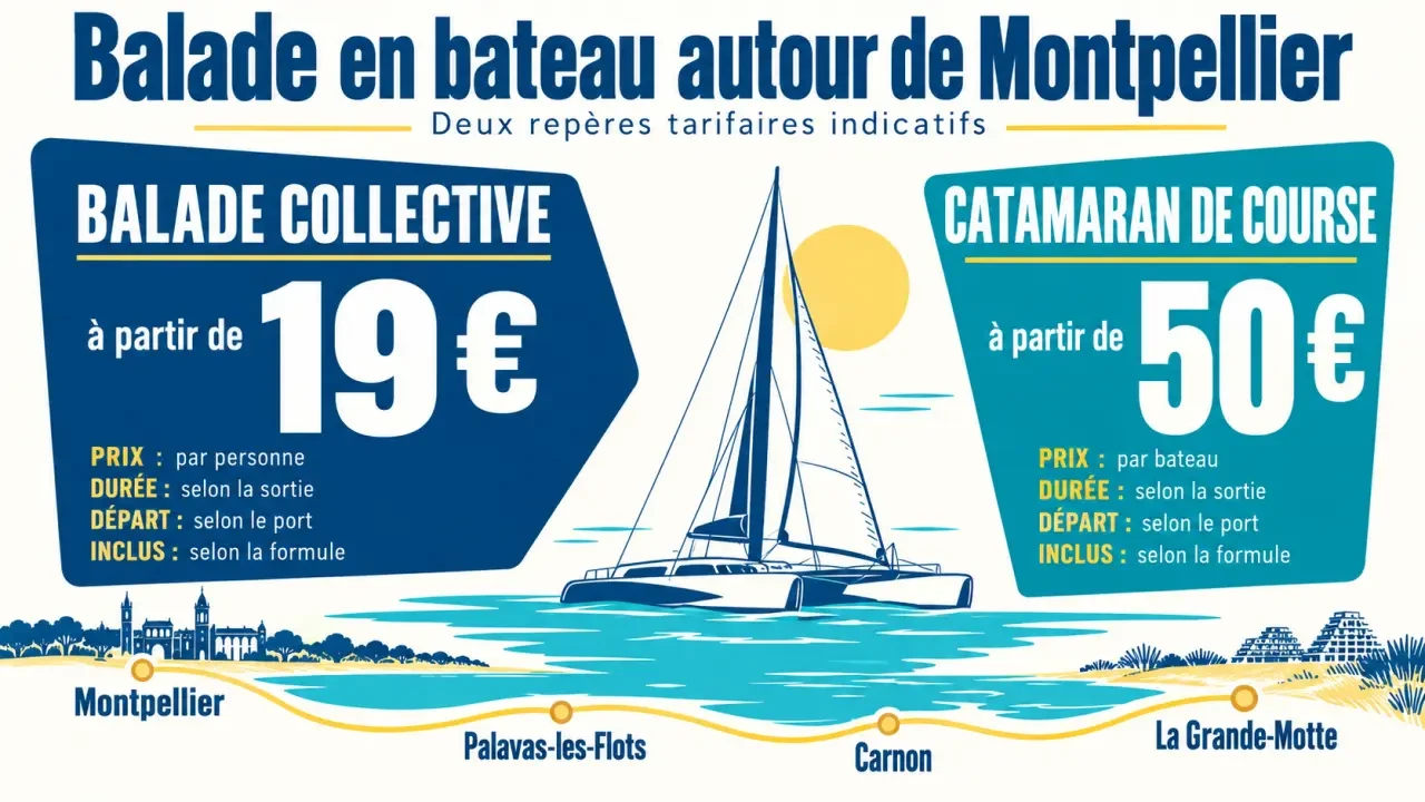 Infographie sur le prix d’une balade en bateau autour de Montpellier, avec tarifs à partir de 19 € et 50 €