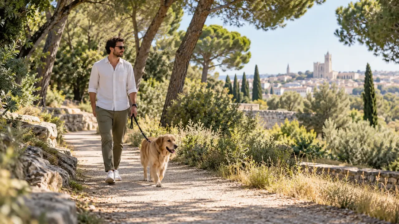 Balade chien Montpellier dans un parc ombragé