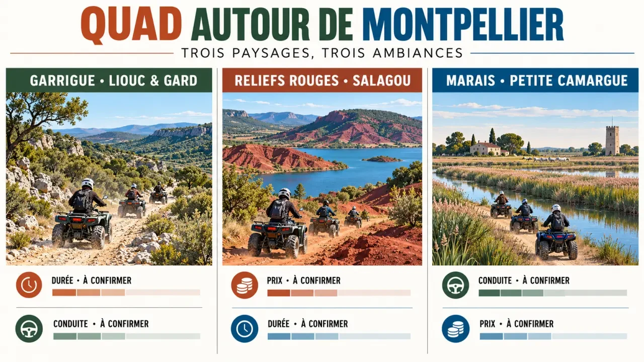 Balade quad Montpellier : comparaison des paysages de Liouc, du Salagou et de la Petite Camargue