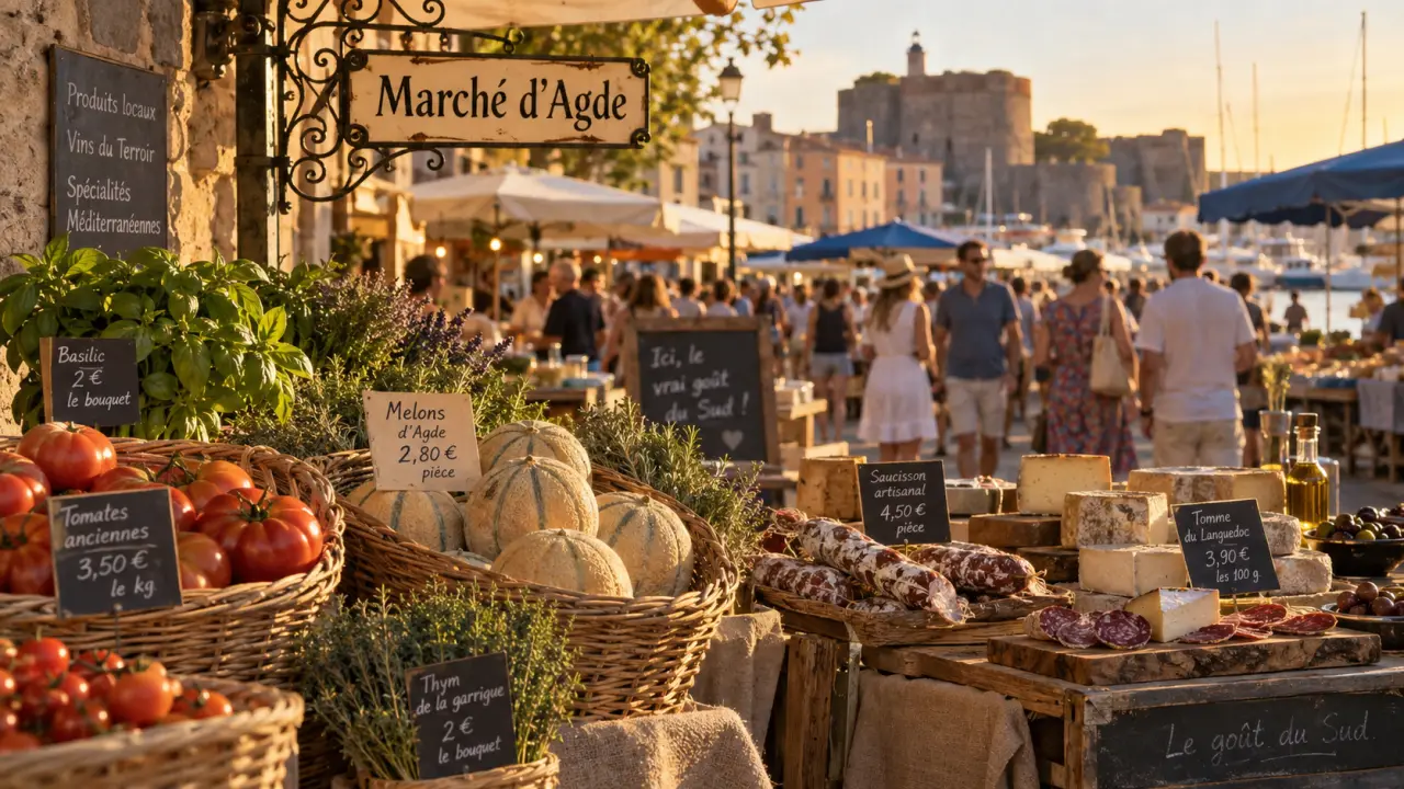 marche agde au centre-ville d’Agde, étals de produits frais