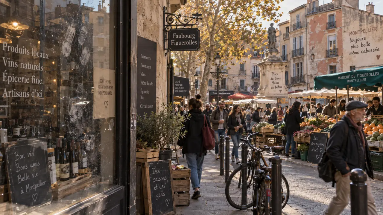 Montpellier figuerolle : marché vivant et commerces près de la place